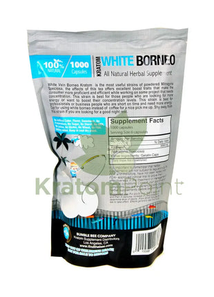 Bumble Bee White Borneo Kratom, 1000 count capsules-back