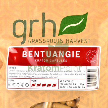 GrassRoots Harvest Kratom Bentuangie, 200 Count Capsules-close up