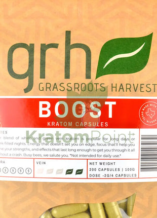 GrassRoots Harvest Kratom Boost, 200 Count Capsules-close up