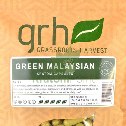GrassRoots Harvest Kratom Green Malaysian, 200 Count Capsules-closeup