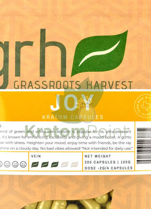 GrassRoots Harvest Kratom Joy, 200 Count Capsules-close up