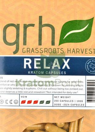 GrassRoots Harvest Kratom Relax, 200 Count Capsules-close up