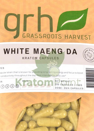 Grassroots Harvest Kratom White Maeng Da 200 Count Capsules