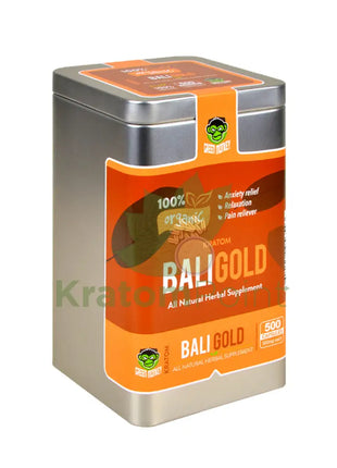 Green Monkey Bali Gold Kratom 500 count capsules, metal tin