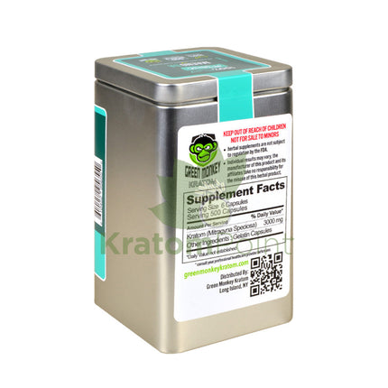 Green Monkey Maeng Da Kratom 500 count capsules, metal tin-back