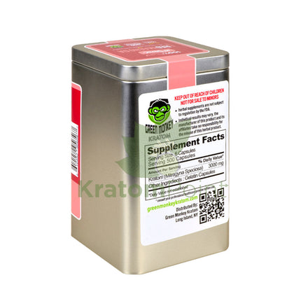 Green Monkey Red Maeng Da Kratom 500 count capsules, metal tin-back