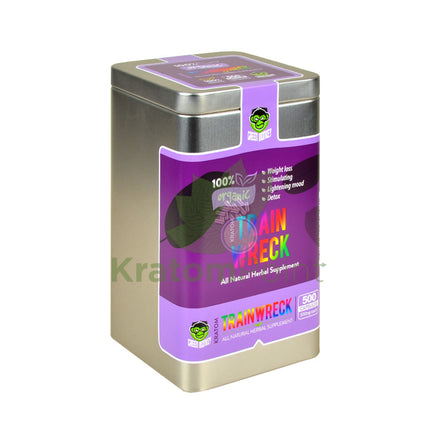 Green Monkey TrainWreck Kratom 500 count capsules, metal tin