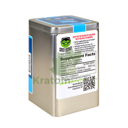 Green Monkey White Maeng Da Kratom 500 count capsules, metal tin-back