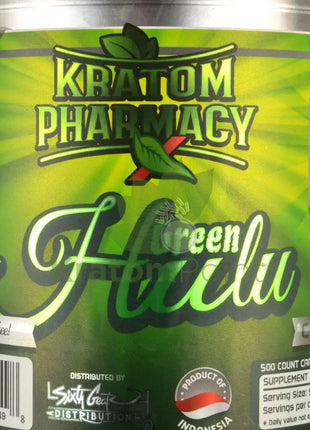 Kratom Pharmacy Green Hulu Capsules 500ct bottle-close up