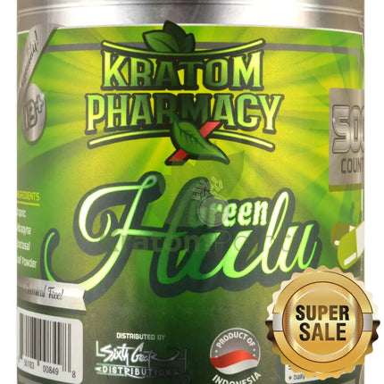 Kratom Pharmacy Green Hulu Capsules 500ct bottle-close up