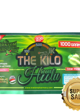 Kratom Pharmacy Powder Green Hulu 1kg bag-close up