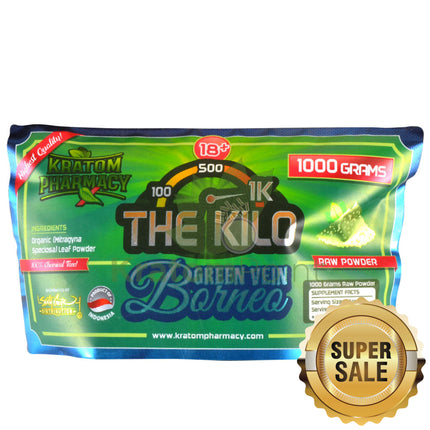 Kratom Pharmacy Powder Green Vein Borneo 1kg bag-label