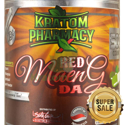 Kratom Pharmacy Red Maeng Da Capsules 500ct bottle-close up