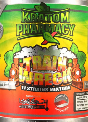 Kratom Pharmacy Train Wreck Capsules 500ct bottle-close up