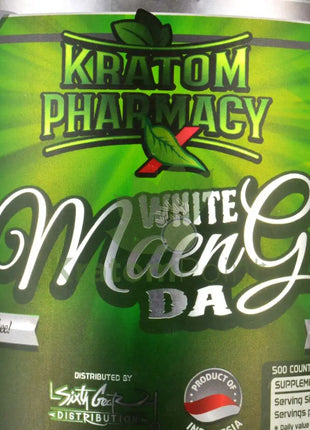 Kratom Pharmacy White Maeng Da, 500 count bottle-close up