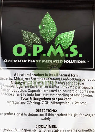 OPMS Kratom 480 Capsules Maeng Da-close up back