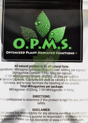 OPMS Kratom 480 Capsules Malay-close back