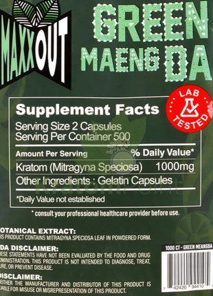 Pain Out (Maxx Out) Kratom Capsules 1000Ct Green Maeng Da Pain Out