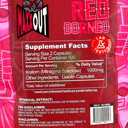 Pain Out (Maxx Out) Kratom Capsules 1000Ct Red Borneo Pain Out