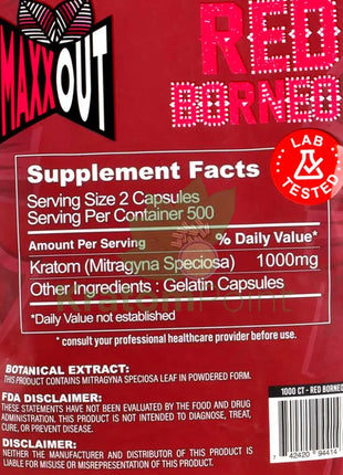 Pain Out (Maxx Out) Kratom Capsules 1000Ct Red Borneo Pain Out