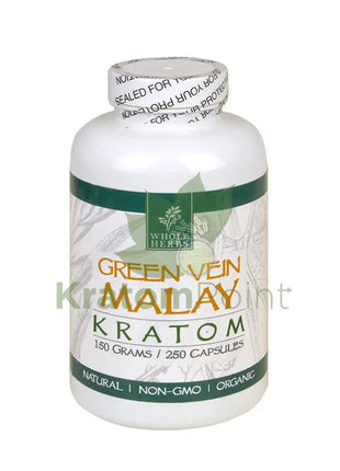 Whole Herbs Kratom Green Vein Malay 250Ct Capsules Wholeherbs