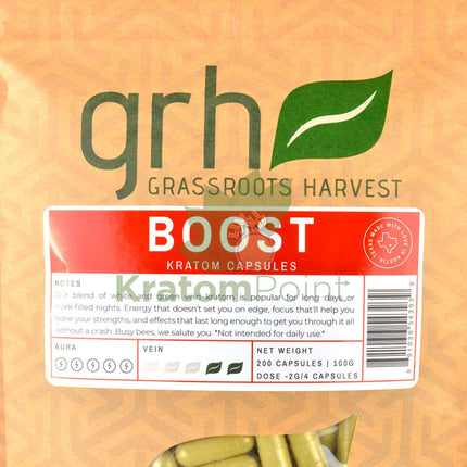 GrassRoots Harvest Kratom Boost, 200 Count Capsules-close up