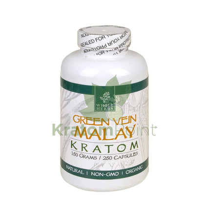Whole Herbs Kratom Green Vein Malay 250Ct Capsules Wholeherbs